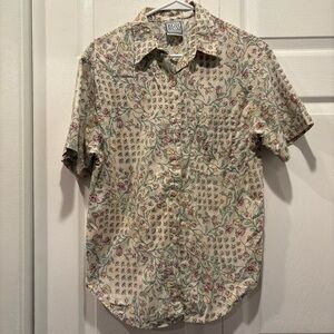 Vintage Russ Sport Cream Floral Short Sleeve Button Up Top - Size Petite Medium